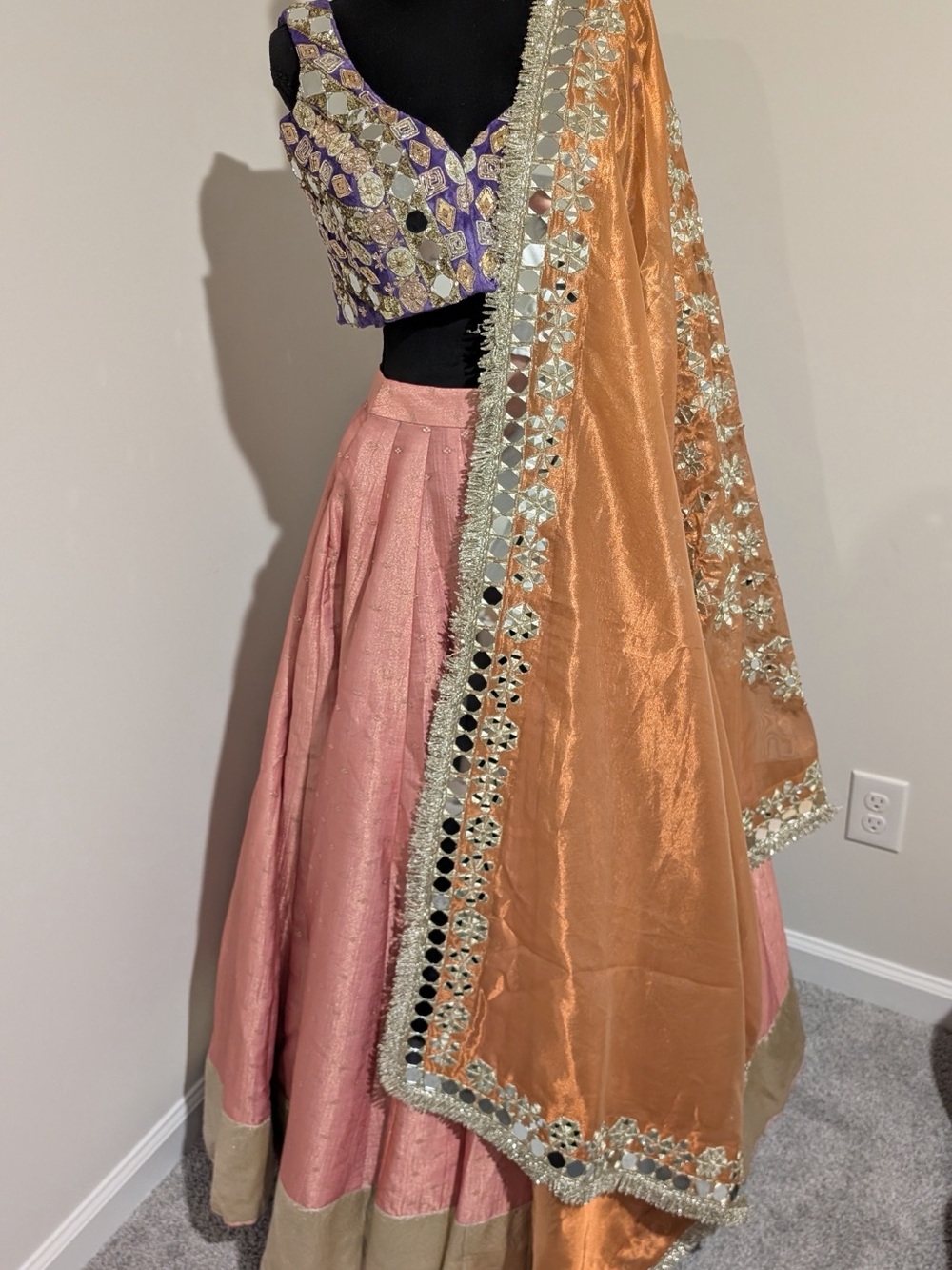 Pink and Peach Mirrorwork Lehenga Set - Women's Festive Wear - Picture 4 of 6